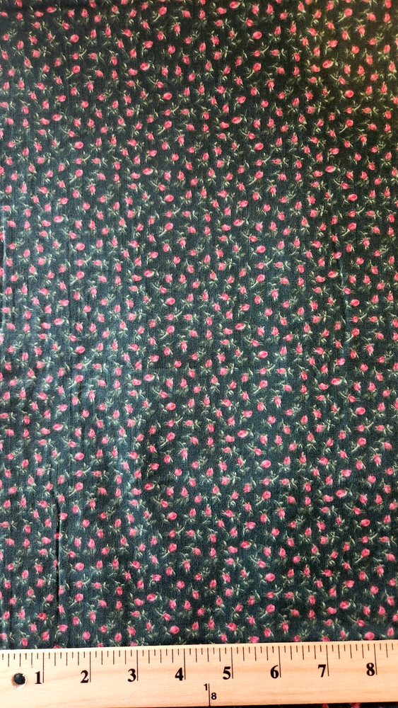 vintage 100% cotton green fabric with pink roses 43″ wide x 2 yds long grandma