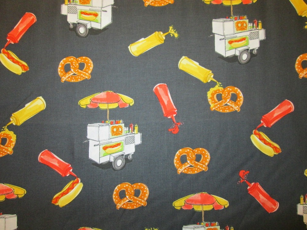 Hot Dogs Pretzels Cart Mustard Hot Dog Snacks Food Black Cotton Fabric FQ