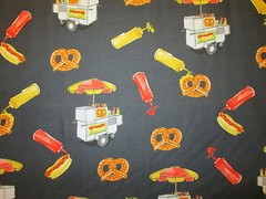 Hot Dogs Pretzels Cart Mustard Hot Dog Snacks Food Black Cotton Fabric FQ
