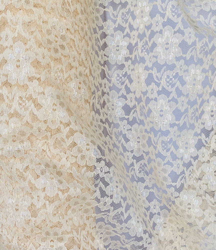 Champagne Sheer Mesh Floral Pattern Raschel Lace 58/60” Polyester Fabric By Yard