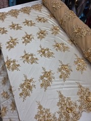 Gold 3d Lace Embroidered 3d Floral Beaded Fabric Sold By The Yard Scalloped