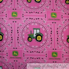 BonEful Fabric FQ Cotton Quilt Block VTG Pink Green JD Famous Tractor Farm Girl