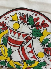 Vtg Christmas Cut & Sew Fabric Panel Wreath Bells Horns Poinsettia Crafts 2 Yds