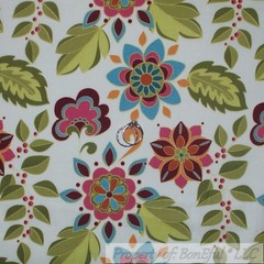 BonEful Fabric FQ Cotton Quilt Cream Blue Pink Flower Green Leaf Berry Red Print