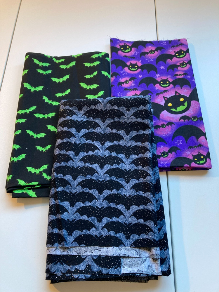 Halloween Bat Fabric Remnant Lot 3 Pc Glitter Neon Green Purple Cotton Gothic