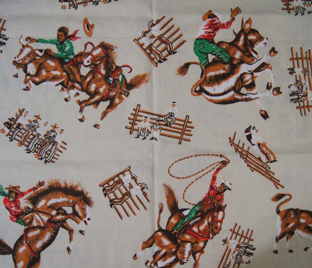 Vintage Rodeo Cowboys on Tan Cotton Quilting Fabric Piece 53″ X 36″