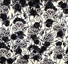 Skulls Black Roses 100% Cotton Fabric Rose & Hubble Gothic Day of Dead Skeleton