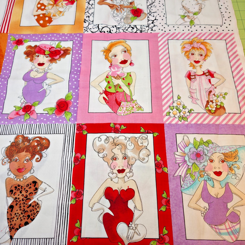 VTG Loralie Harris PORTRAIT Fabric Panel OOP Whimsical Ladies Cotton 24″x44″
