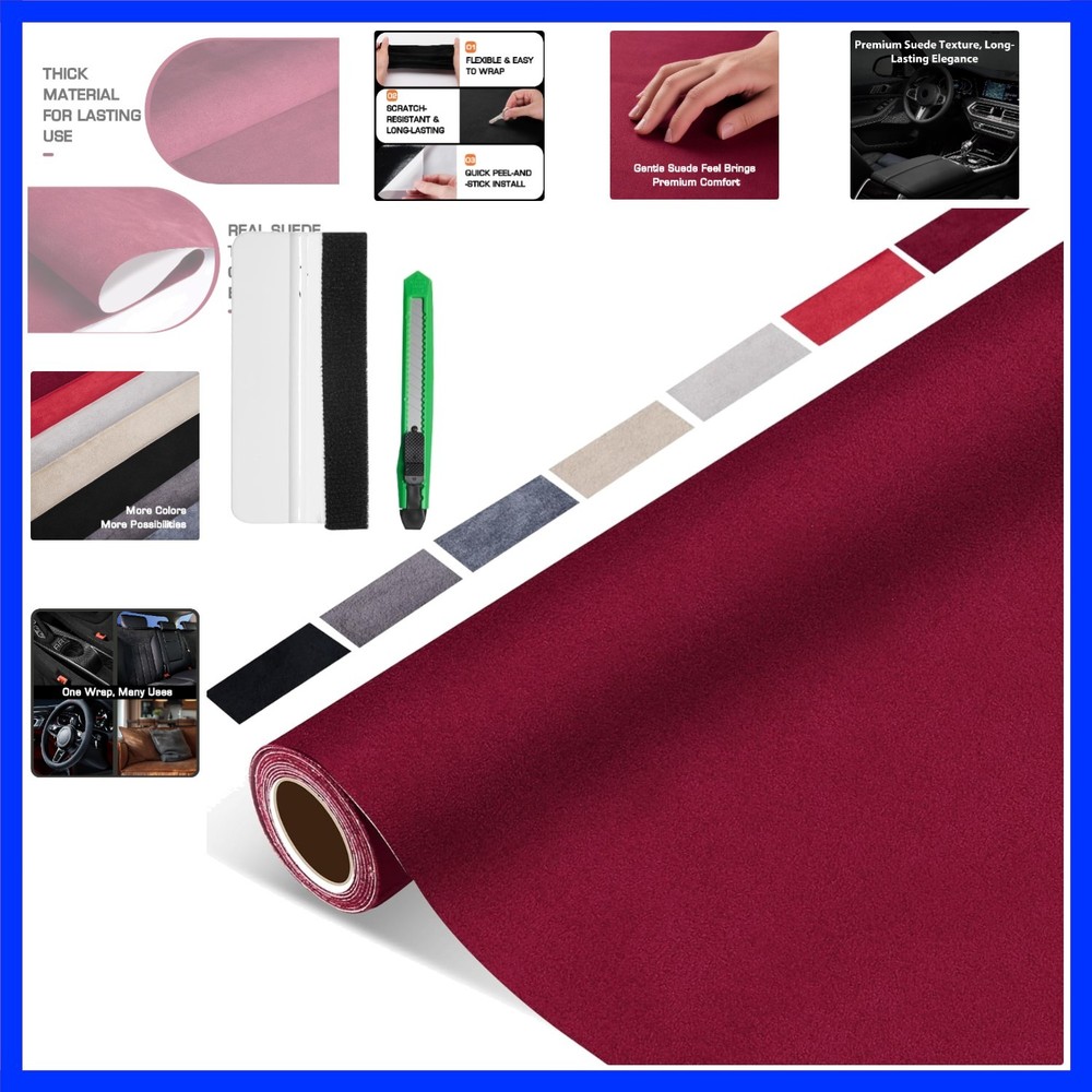Suede Wrap for Car Interior 16″ x 59″ – Burgundy Self Adhesive Suede Fabric, …