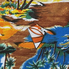 Vtg Hawaiian Tropical Novelty Fabric Palm Boats Island Tiki Cotton Vibrant 4+ YD