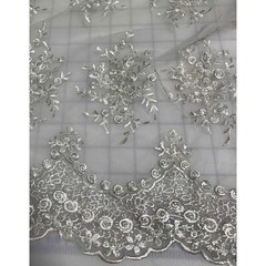 White Floral Beaded Embroidered Tulle Lace Fabric