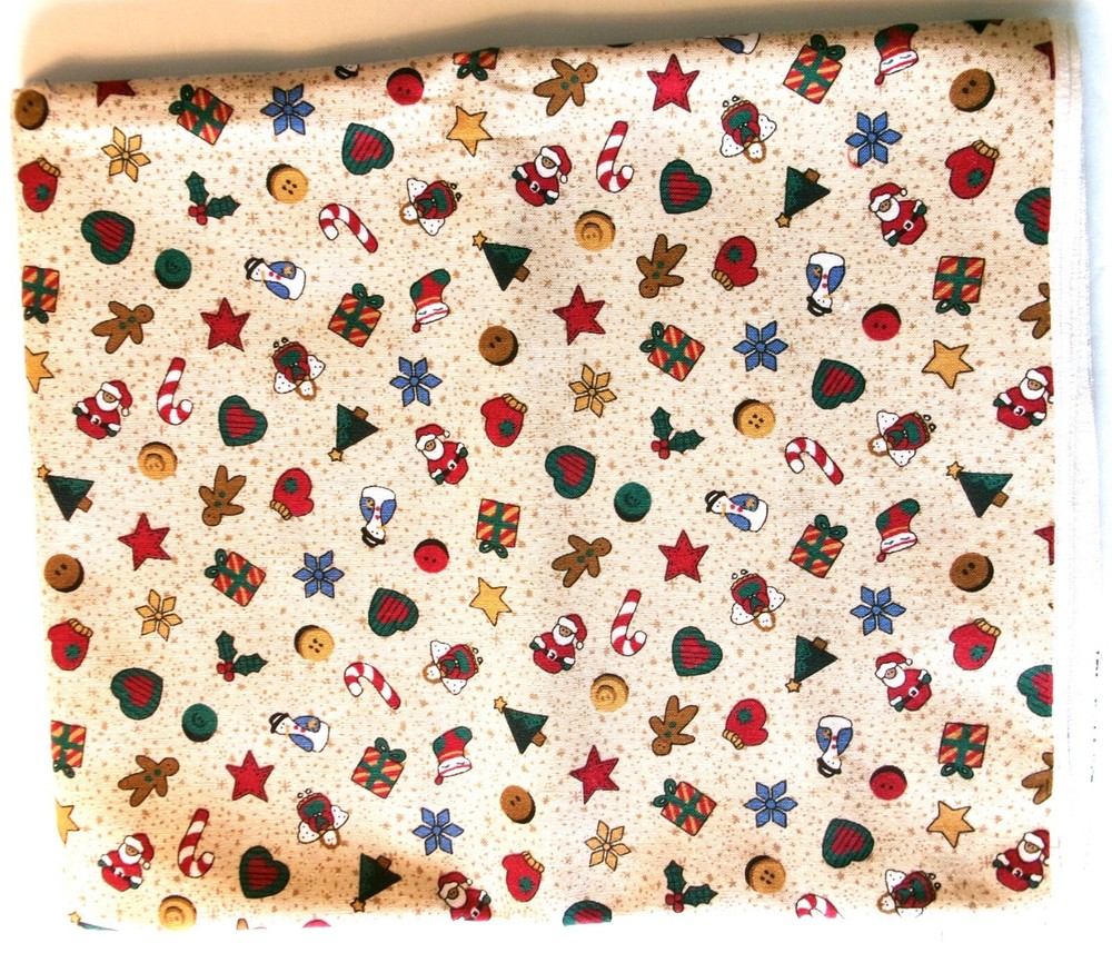 Multi-colored Small Figures on Light Tan Background Seasonal Print Fabric –