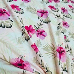 Spandex Fabric Stretch Pink Cayenne with Beige Leaves Print by Yard for Swimwear