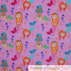 BonEful Fabric FQ Cotton Quilt Flannel Pink Mermaid Princess Sea Horse Star Fish