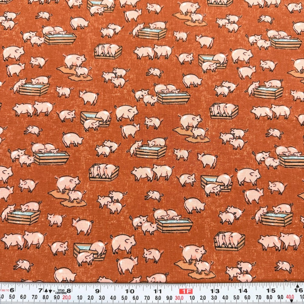 Pigs & Water Troughs on Orange-Brown Jo-ann Cotton Fabric by the HALF YARD