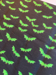 Halloween Bat Fabric Remnant Lot 3 Pc Glitter Neon Green Purple Cotton Gothic