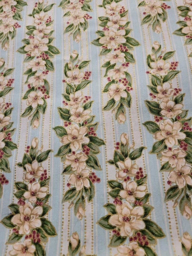 3 1/2 yards white flowers on blue and white stripes with metallic gold cotton
