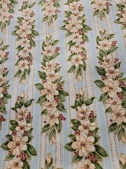 3 1/2 yards white flowers on blue and white stripes with metallic gold cotton