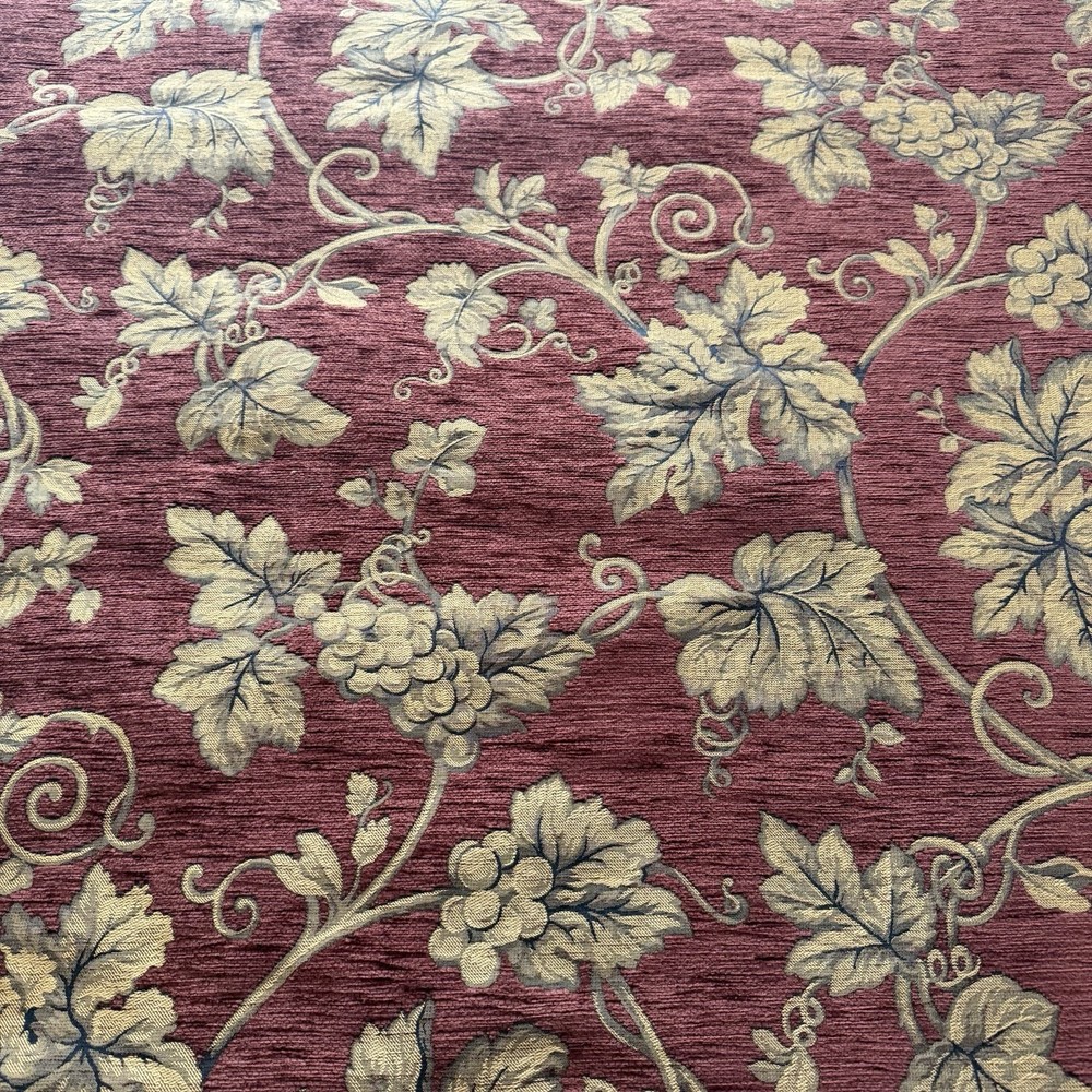 Vintage Burgundy Gold Grape Leaf Vine Scroll Jacquard Upholstery Fabric 13 Yds
