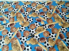 Sports Themed Cotton Blue Flannel Fabric 2.5 Yards Boy Baby Balls Bats Gloves