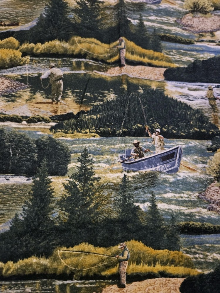 62 X 42 fisherman fishing boat lake Hunting Fabric