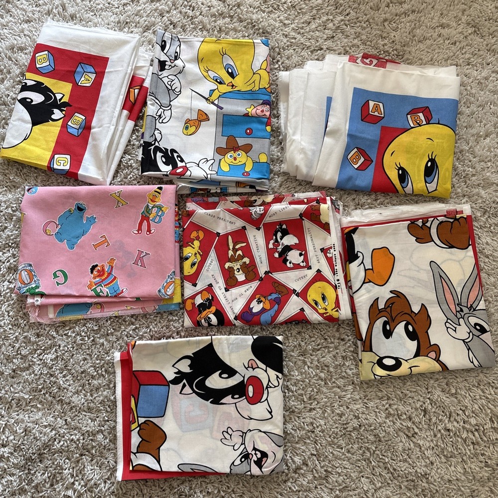 Vintage Looney Toons Sesame Street Cartoon Taz Tweety Sewing Fabric Penal Lot 7