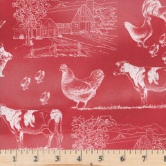 Farm Family Red Tossed Animals 100% Cotton Fabric By half yard continuous cuts