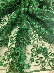 Emerald Green Lace Butterflies Sequins Mesh Prom Fabric Sold by the Yard Gown