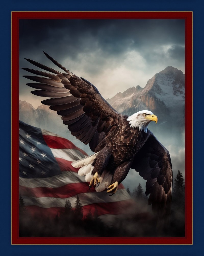 Eagle Fabric Quilt Panel: Soaring Flag, Patriotic USA Cotton (36″ x 45″)