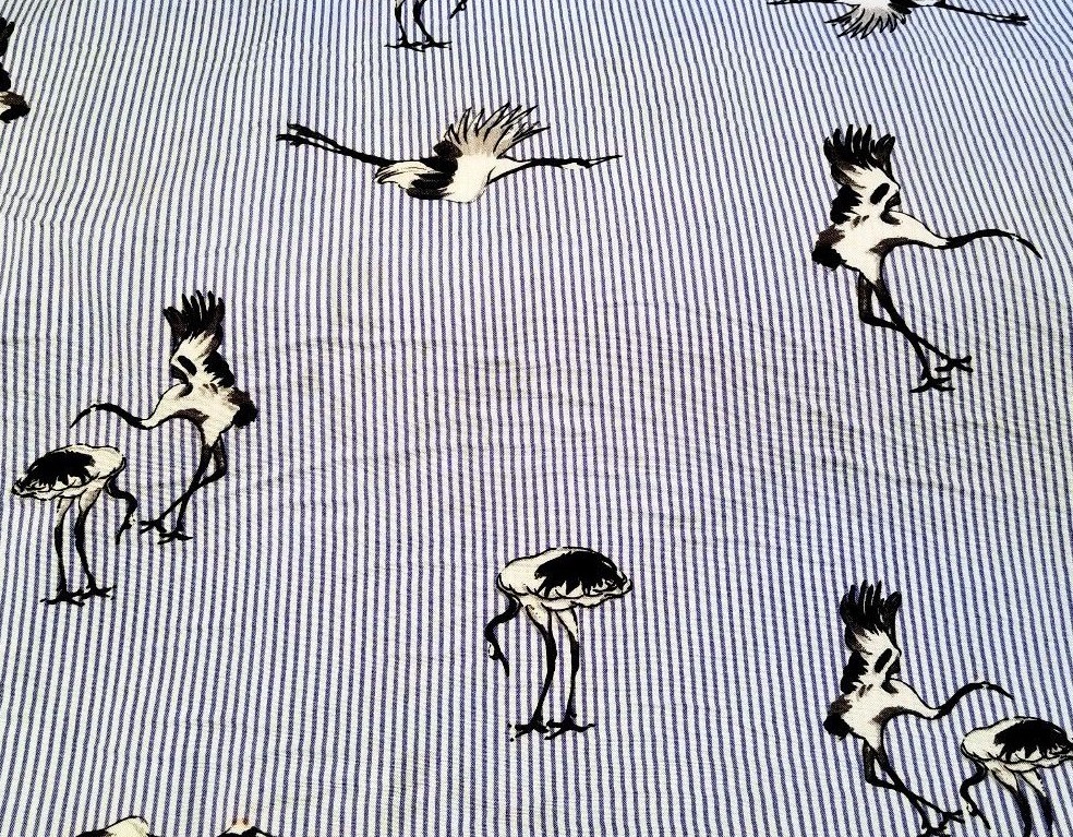 Blue and White Stripe Rayon Poplin Shirting With Birds – Beautiful, Unique!
