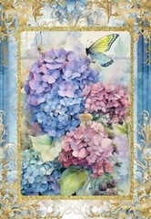 Hydrangea Flowers & Butterfly Designer Cotton Fabric Quilt Block Multi-size