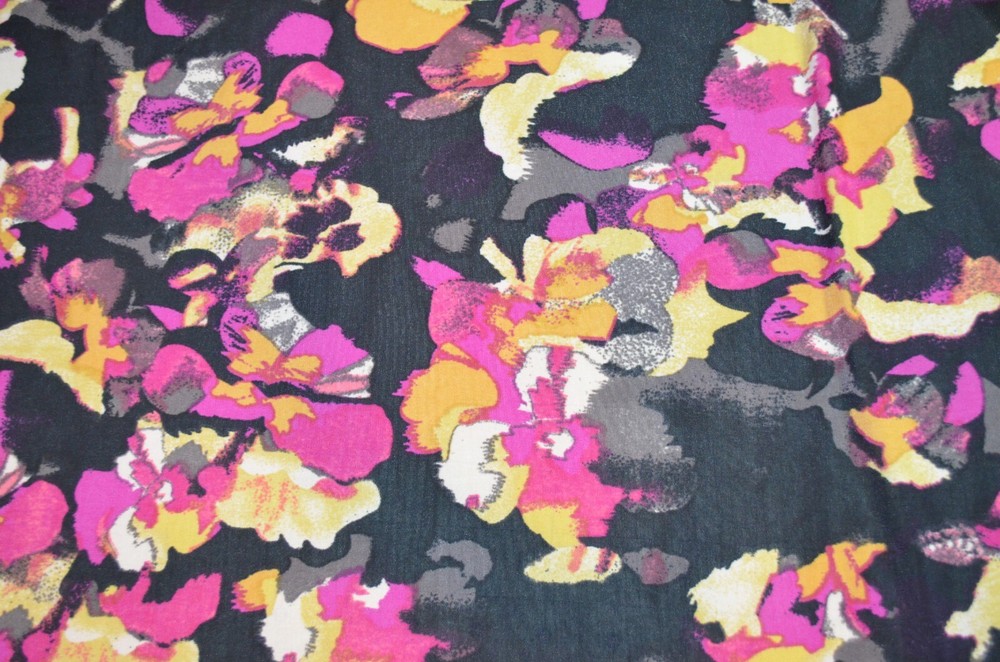 Polyester knit – black fuchsia yellow- soft, drapes well, medium weight 111″x 62