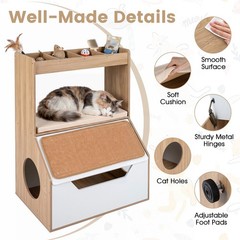 Modern Cat Litter Box Enclosure 3-in-1 Hidden Cat House Cabinet w/ 4 Cubbies