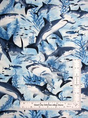 Shark Fish Fabric Half-Yard Nautical Ocean Blue Cotton Timeless Treasures C7980
