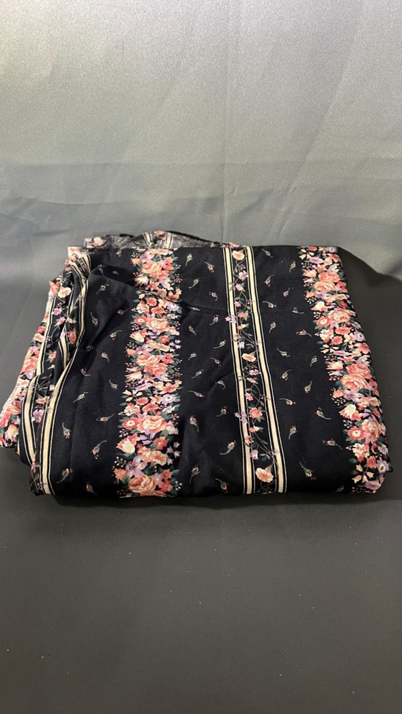 2+ yards Floral Print Black Fabric With Vintage Charm & Subtle Stripes