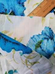 Vintage Large Blue Floral Poppy Lightweight Cotton Fabric 1+2/3 Yards