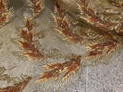 Gold orange Embroidered sequins Lace fabric 50” Width 1 Yard