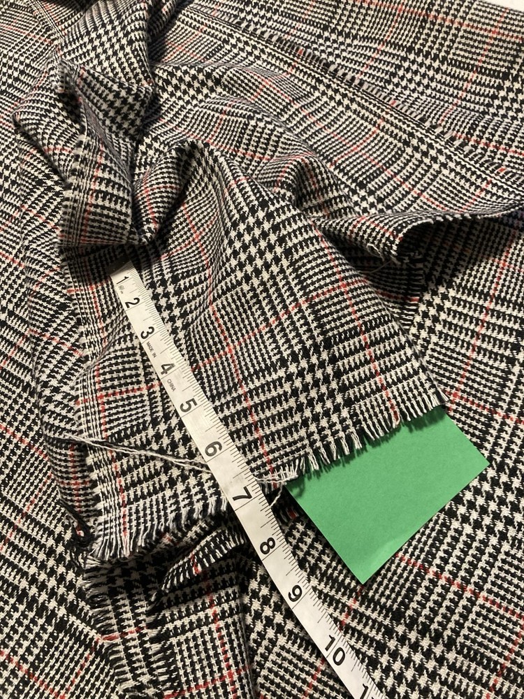 3.5yds 60”w Woven Wool Plaid Fabric Black, White, Red “Prince Of Wales” Style