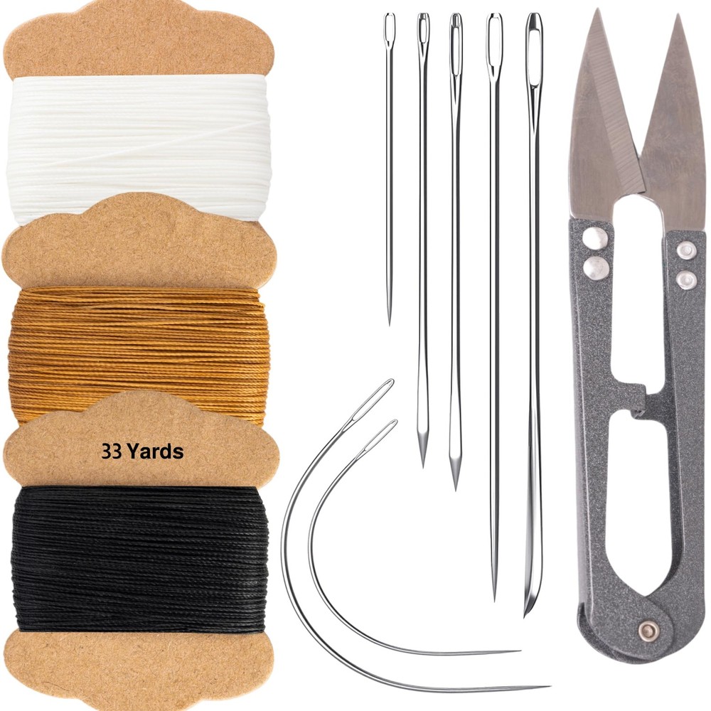 Upholstery Repair Kit, Bonded Round Waxed Thread Set with Black, White, Brown
