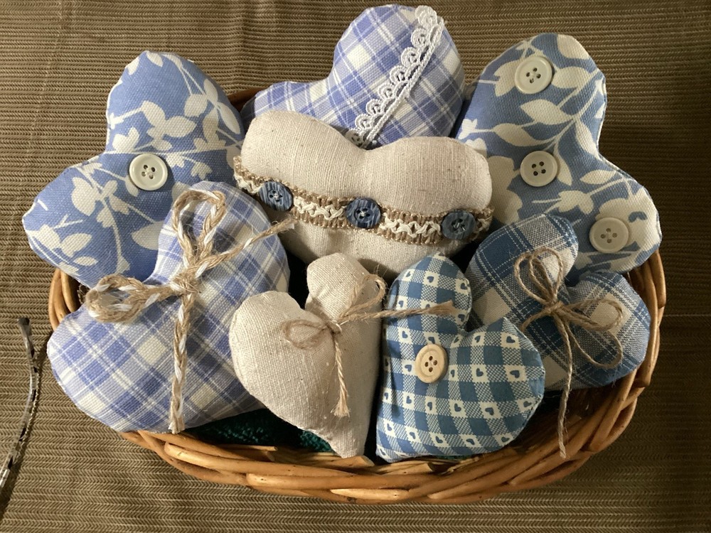 Soft Country Blue And Cream Fabric Stuffed Hearts. Embellished By Hand.