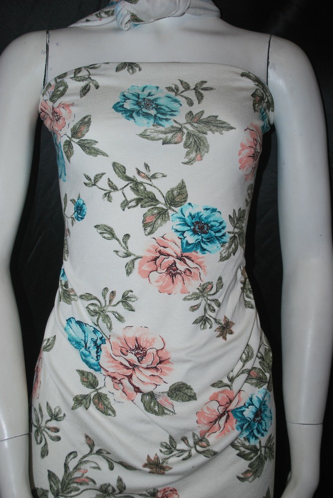 Rayon Stretch Jersey Knit Fabric Beautiful Floral Cream/Teal Multi color 9 oz