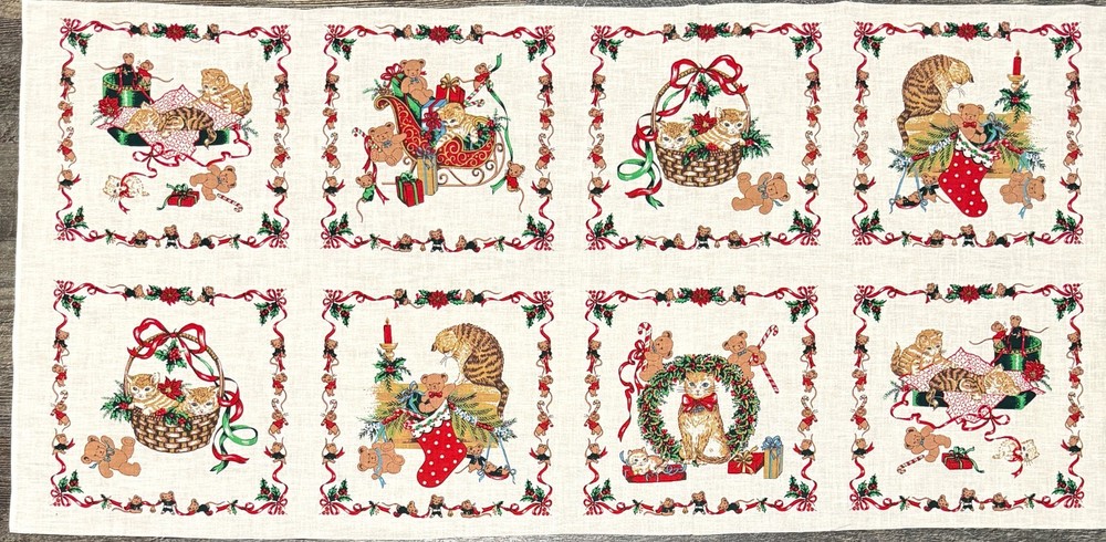 Vintage Wamsutta Christmas Cats Cotton Fabric Panel 17″ x 36″