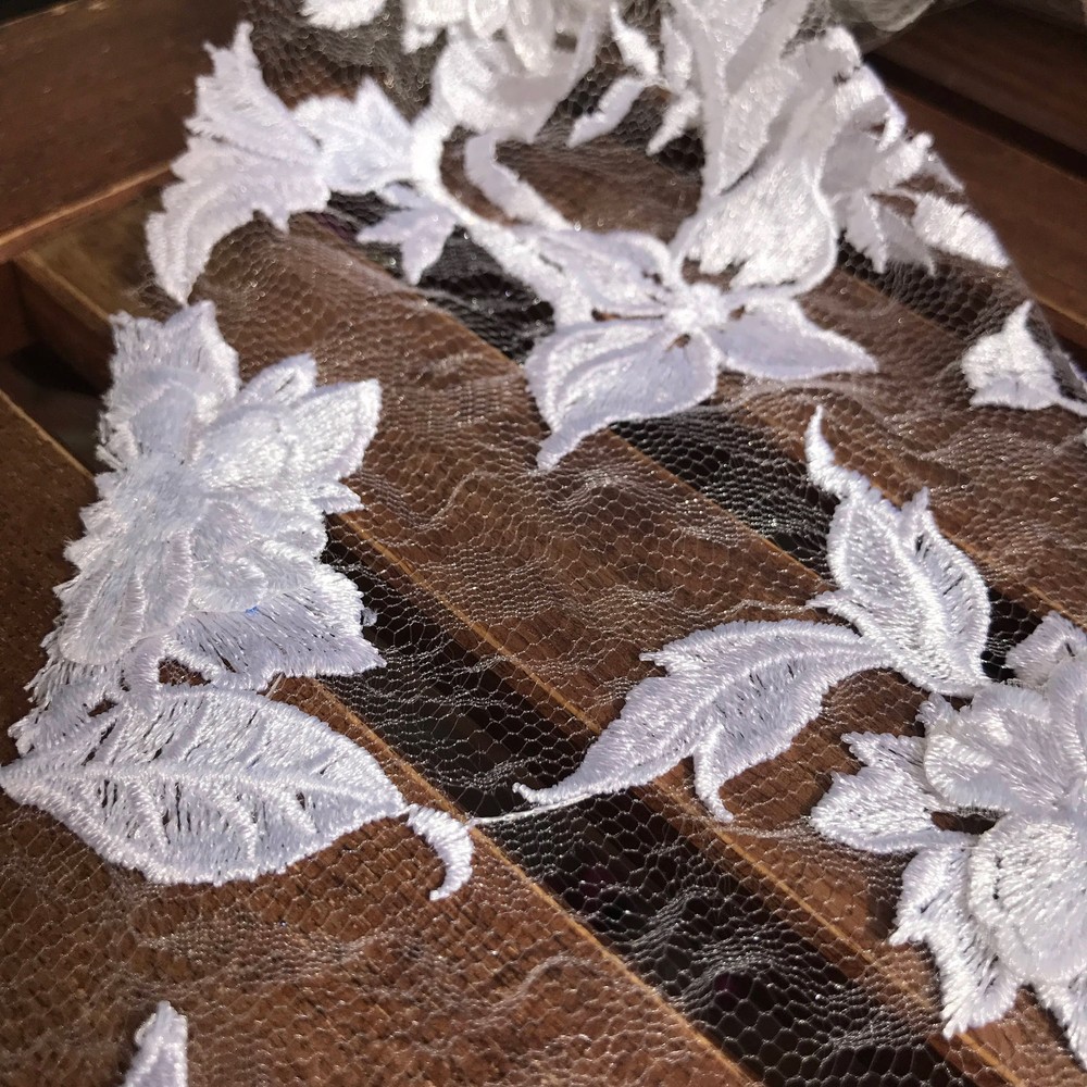 Nina WHITE Polyester 3D Floral Embroidery on Mesh Lace Fabric by the Yard – 100