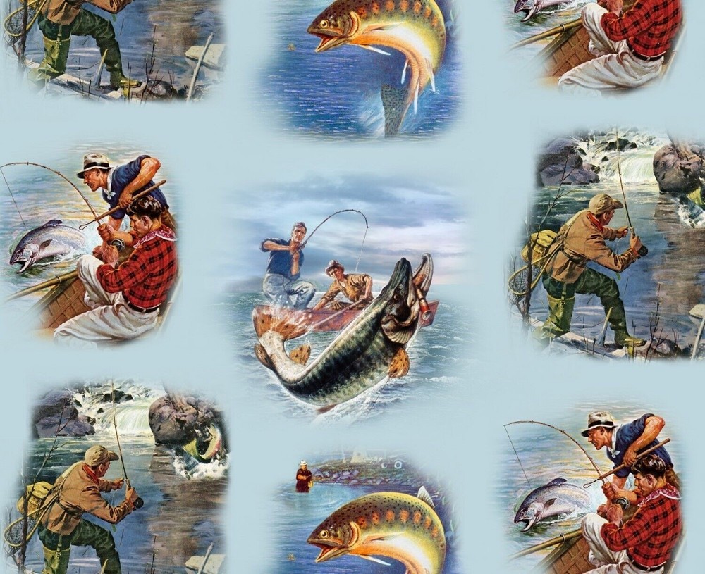 Sports Afield Men Fishing Scenes on Lake Fish Cotton Quilting Sewing Fabric