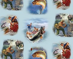 Sports Afield Men Fishing Scenes on Lake Fish Cotton Quilting Sewing Fabric