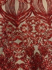 Kara RED Hearts and Flowers Sequins on NUDE Mesh Lace Fabric by the Yard – 10148