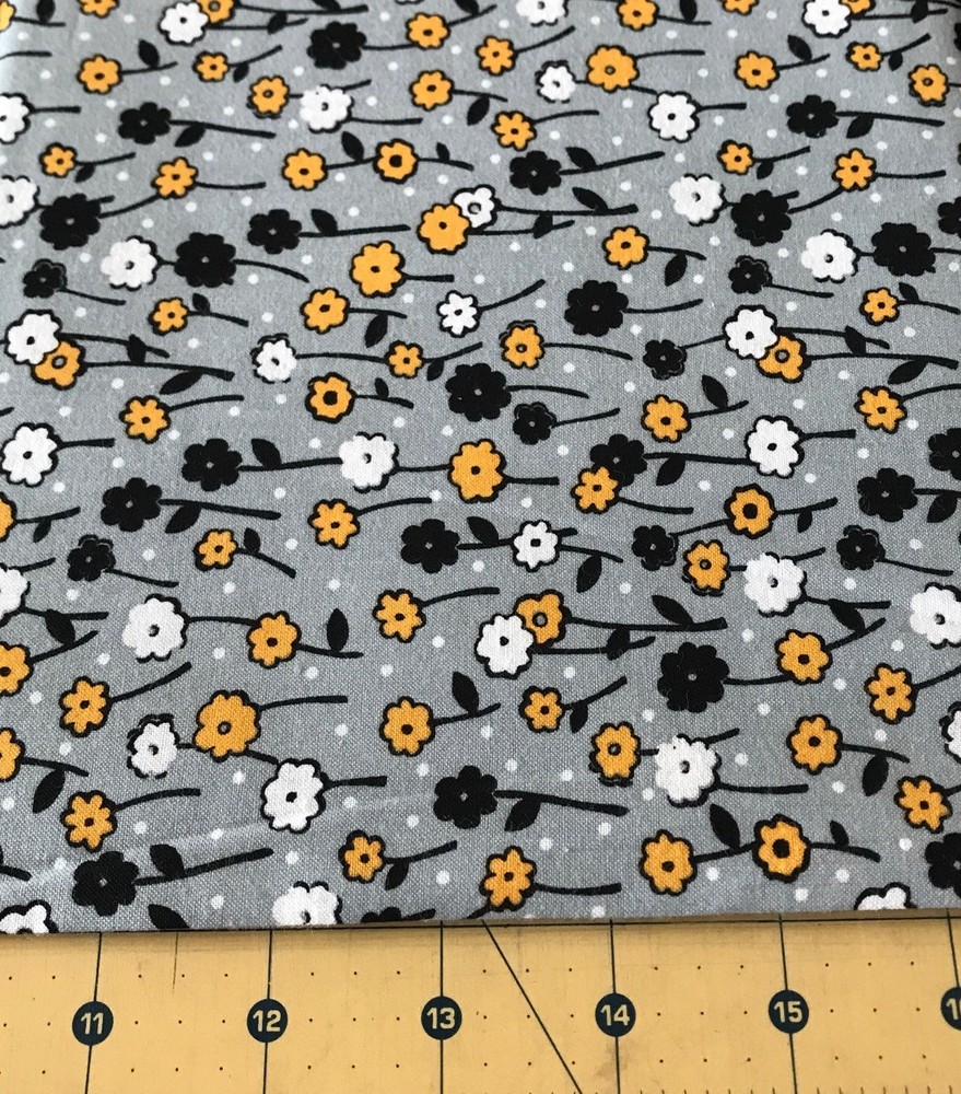Yellow White Black Flowers on Gray 100% cotton fabric sold by the yard #2660