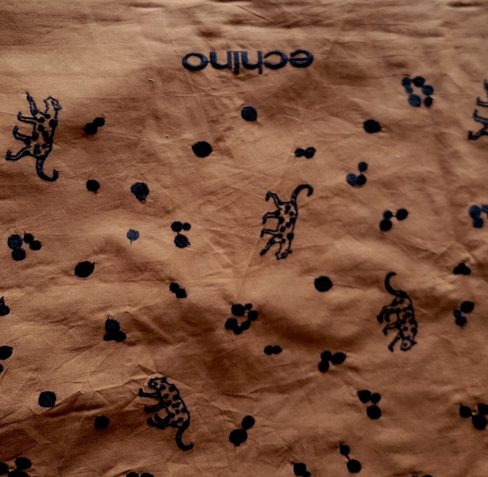 Fine Soft Brown Cotton-Linen Lawn w/ Embroidered Black Leopards – Echino, Japan