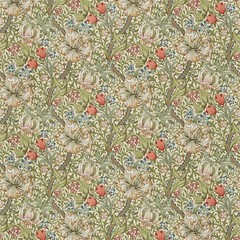 WILLIAM MORRIS CURTAIN FABRIC DESIGN Golden Lily 2.1 MTRS GREEN/GOLD LINEN UNION