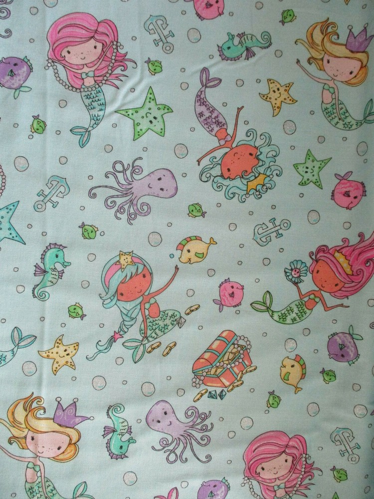 MERMAID SEA MERMAIDS STAR FISH OCTOPUS TEAL GREEN PASTELS COTTON FABRIC FQ